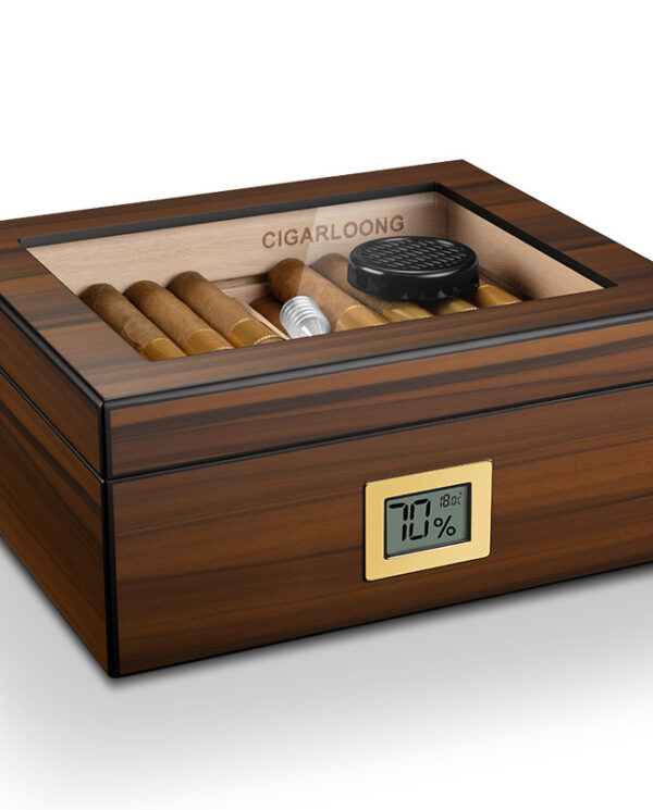 CH003-09 Wooden cigar humidor with glass top, cigars inside and a digital humidity/temperature display on the front.