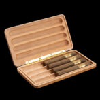 Open wooden cigar case holding four cigars; grooves for each cigar and brass hinges visible.