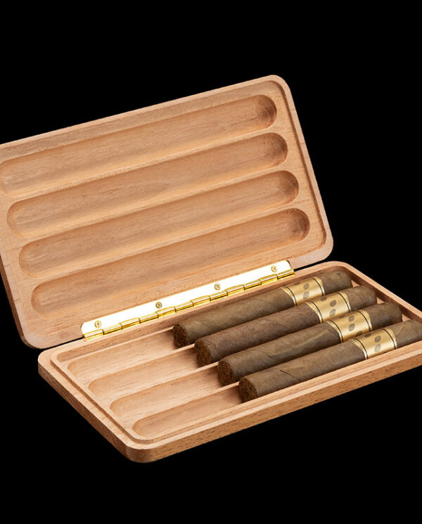 CH004-01 Open wooden cigar case holding four cigars; grooves for each cigar and brass hinges visible.