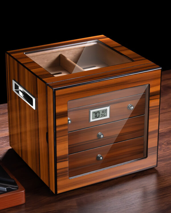 CH005-01 Wooden cigar humidor with glass front and digital humidity display showing 70%.