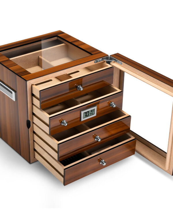 CH005-04 Wooden cigar humidor with glass top, open drawer sections and a digital humidity display on the front panel.