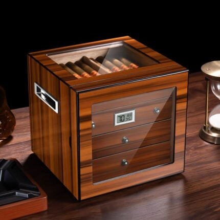 CigarLoong glass-top desktop cigar humidor with front digital hygrometer