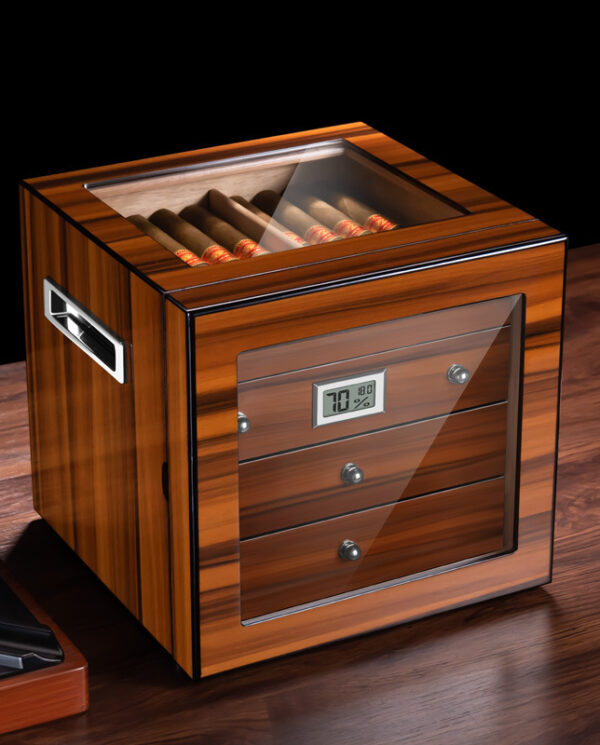 CH005 Wooden cigar humidor with glass top showing cigars inside and a digital humidity display reading 70%.