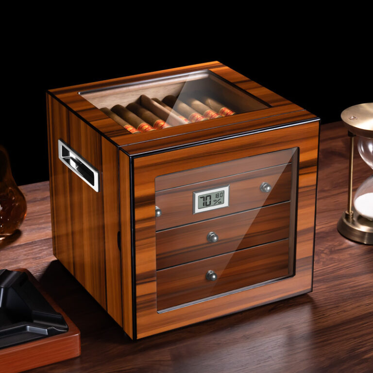 Wooden cigar humidor with glass top showing cigars inside and a digital humidity display reading 70%.