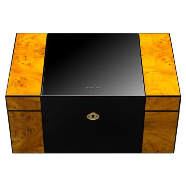 CH006-01 Luxurious black lacquer storage box with burl wood panels on the sides and a gold lock.