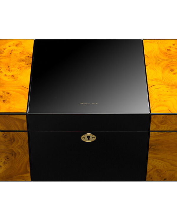 Luxurious black lacquer storage box with burl wood panels on the sides and a gold lock.