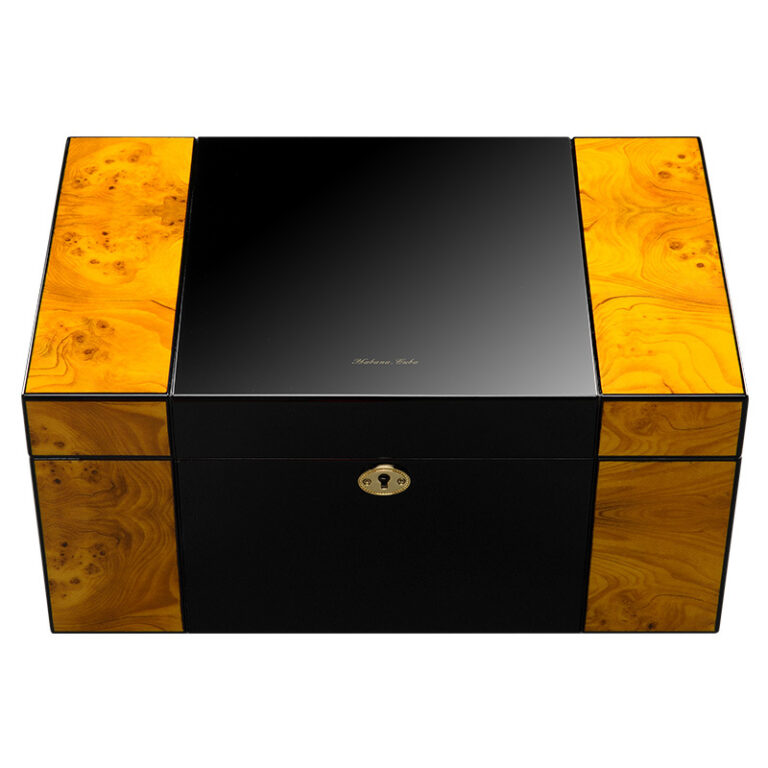 Luxurious black lacquer storage box with burl wood panels on the sides and a gold lock.