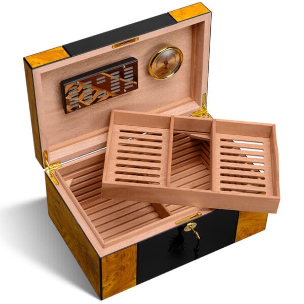 CH006-03 Open wooden cigar humidor showing a two-tier sliding tray, cedar lining, and a built-in hygrometer with brass hardware.