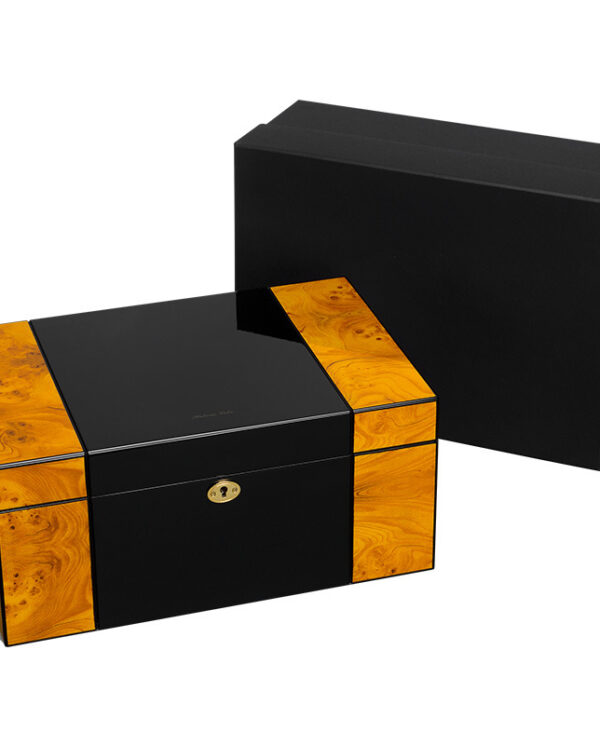 Luxurious black and Burl wood jewelry box with gold lock, shown open or closed with an accompanying black outer box