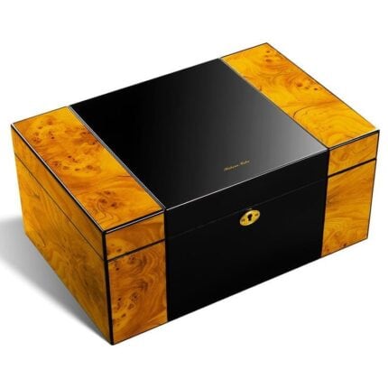 CigarLoong black lacquer cigar humidor with burl wood accents and gold-tone lock