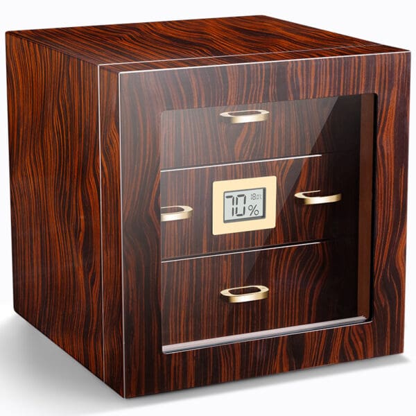 CH007-04 Wooden safe with glass front and digital display, gold handles, standing on a white surface