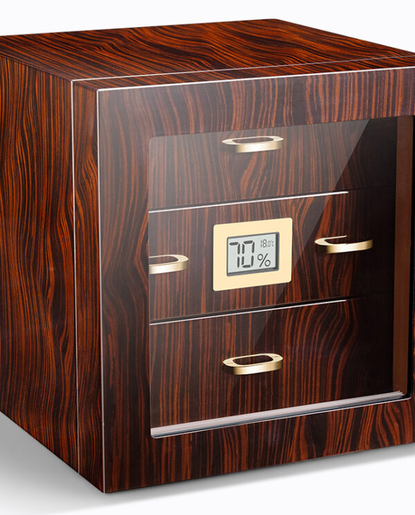 CH007-04 Wooden safe with glass front and digital display, gold handles, standing on a white surface