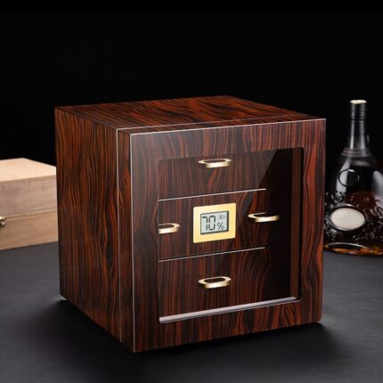 CigarLoong two-drawer glass-front cigar humidor cabinet with digital hygrometer