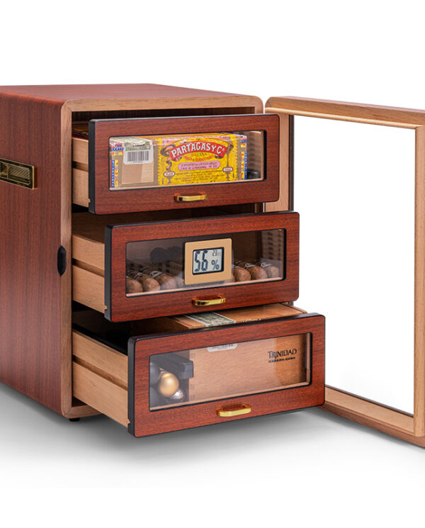 CH008-01 Wooden cigar humidor with three drawers, open door showing cigars and a digital humidity gauge.