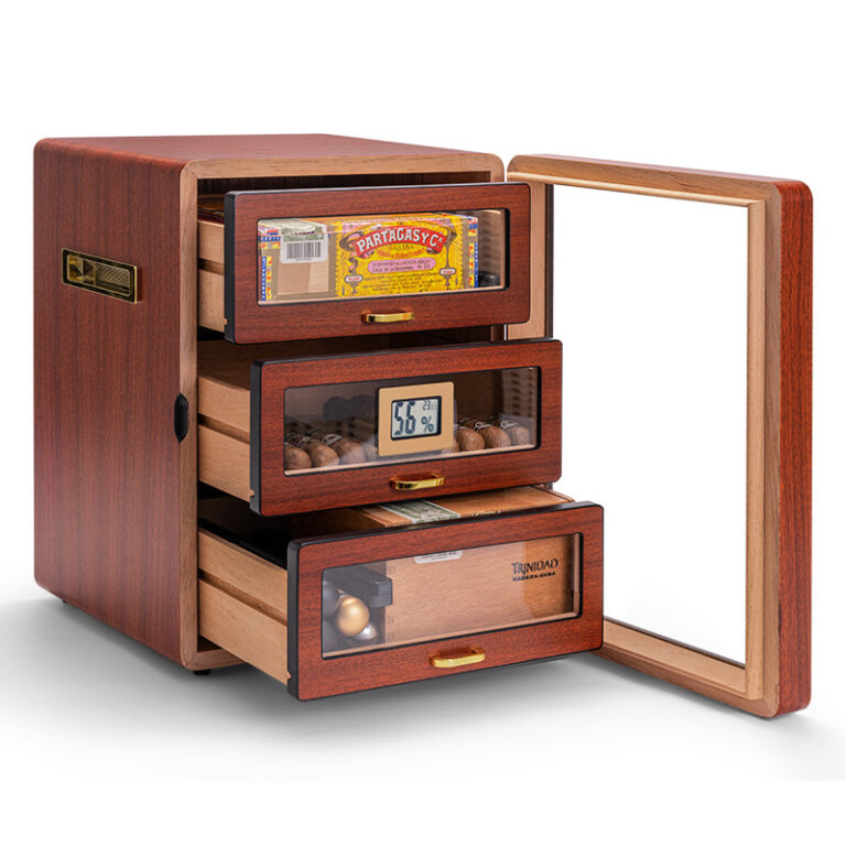 Wooden cigar humidor with three drawers, open door showing cigars and a digital humidity gauge.