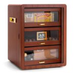 Glass-front cigar humidor cabinet with multiple drawers and gold-tone handles