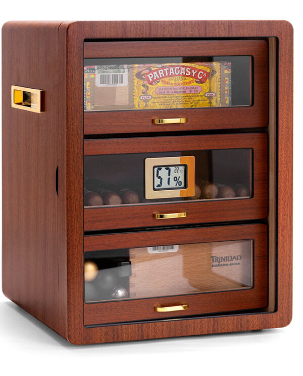 CH008-04 Wooden cigar humidor with four glass-front drawers and gold handles, cigars visible inside, humidity gauge shows 57%.