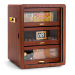 Wooden cigar humidor with four glass-front drawers and a digital humidity display reading 57%.