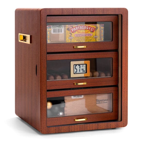 CH008-05 Wooden cigar humidor with four glass-front drawers and a digital humidity display reading 57%.