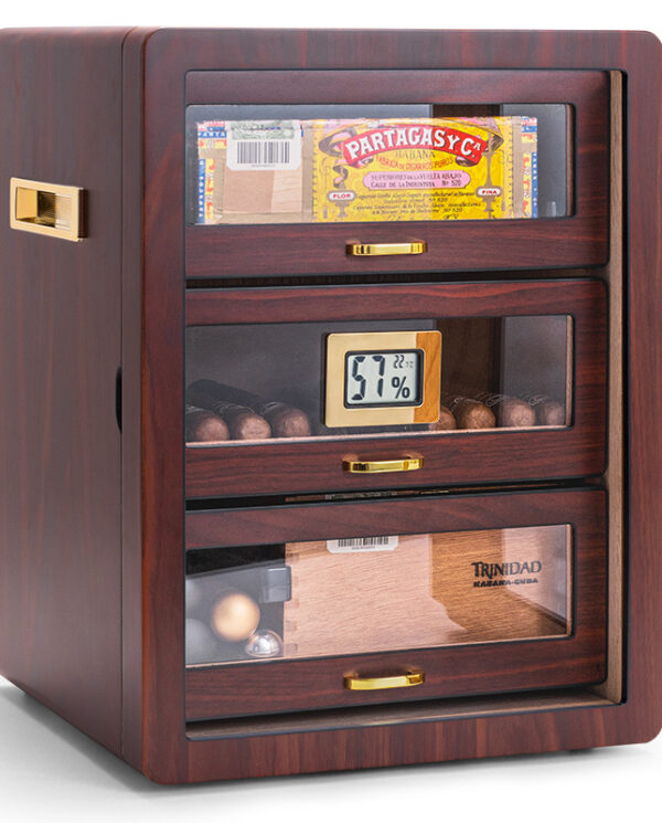 CH008-06 Wooden cigar humidor with glass-front drawers displaying Partagás cigars, a digital hygrometer showing 51% humidity, and a Trinidad box in the bottom drawer.