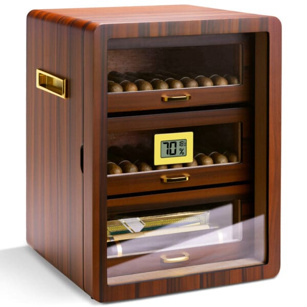 CH008-07 Wooden cigar humidor with cigars on shelves and a digital hygrometer showing 70% humidity (bottom drawer visible).