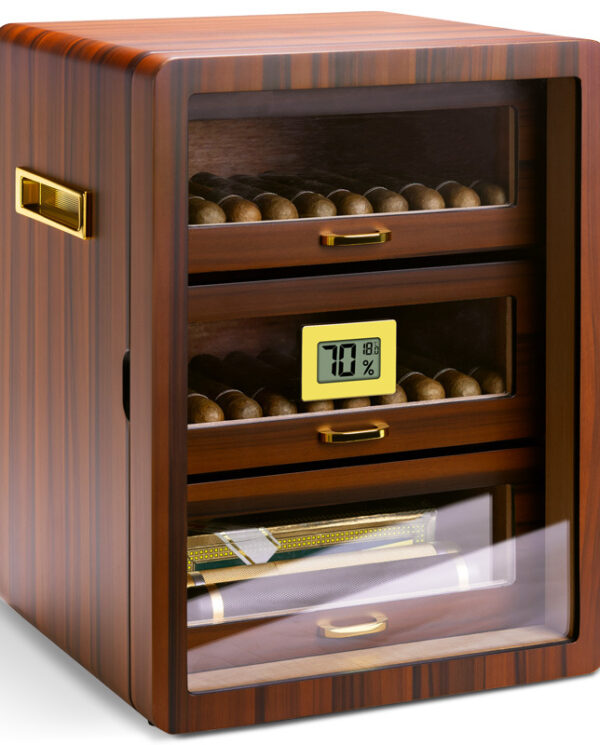 CH008-07 Wooden cigar humidor with cigars on shelves and a digital hygrometer showing 70% humidity (bottom drawer visible).