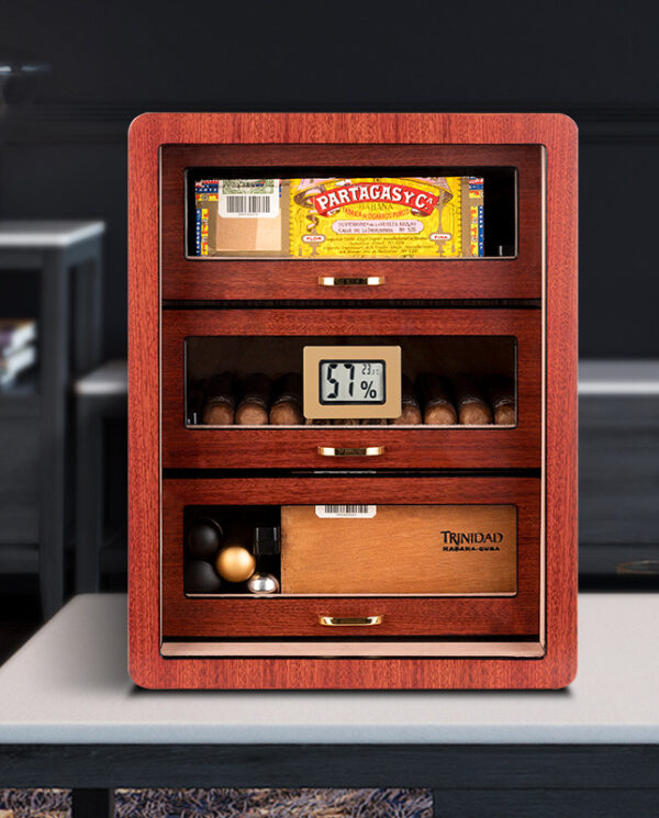 CH008 Wooden cigar humidor with glass panels showing cigars and a digital hygrometer reading 57% humidity.