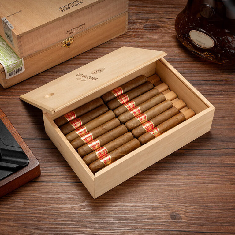 CH009-01 Open wooden cigar box filled with wrapped cigars on a wood table surface.