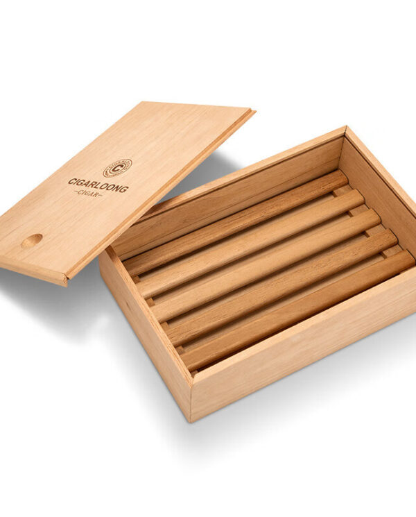 CH009-03 Open wooden cigar box with five cigars inside, neatly arranged in a row.