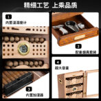Infographic of a wooden cabinet highlighting features: built-in temperature/humidity gauge, smoking accessory drawer, built-in humidifier, and large capacity