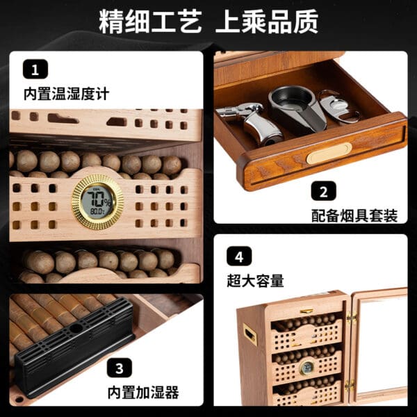 Infographic of a wooden cabinet highlighting features: built-in temperature/humidity gauge, smoking accessory drawer, built-in humidifier, and large capacity