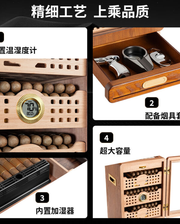 CH010-03 Infographic of a wooden cabinet highlighting features: built-in temperature/humidity gauge, smoking accessory drawer, built-in humidifier, and large capacity