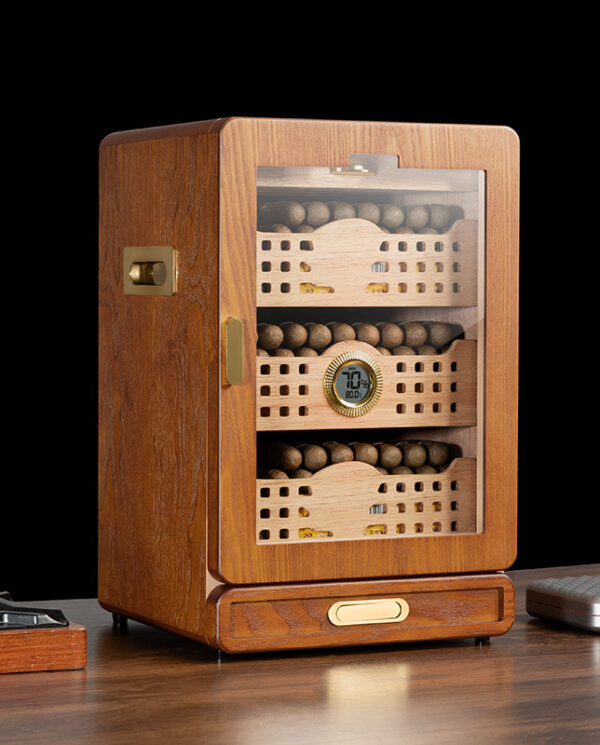 CH010 Wooden cigar humidor with glass front revealing multiple cigar shelves and a hygrometer on the middle shelf surface.