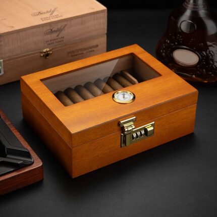 CigarLoong clear-top cedar cigar humidor with front hygrometer and combination lock