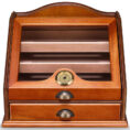 Wooden cigar humidor with a curved top, three interior shelves, a brass hygrometer in the front center, and two lower drawers.