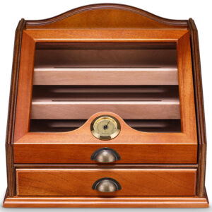 Wooden cigar humidor with a curved top, three interior shelves, a brass hygrometer in the front center, and two lower drawers.