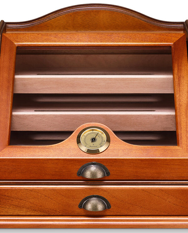 CH012-01 Wooden cigar humidor with a curved top, three interior shelves, a brass hygrometer in the front center, and two lower drawers.