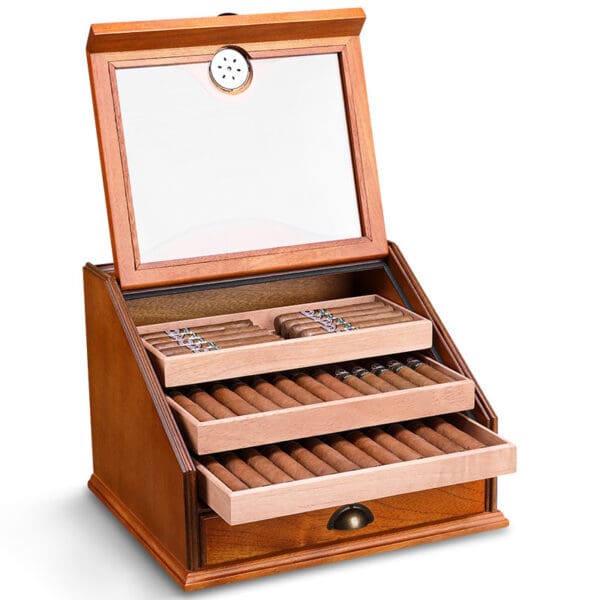 CH012-02 Open wooden cigar humidor with cigars neatly arranged in sliding trays and a bottom drawer, under a glass lid with a mirror inside
