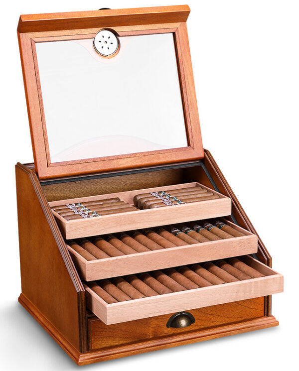 CH012-02 Open wooden cigar humidor with cigars neatly arranged in sliding trays and a bottom drawer, under a glass lid with a mirror inside