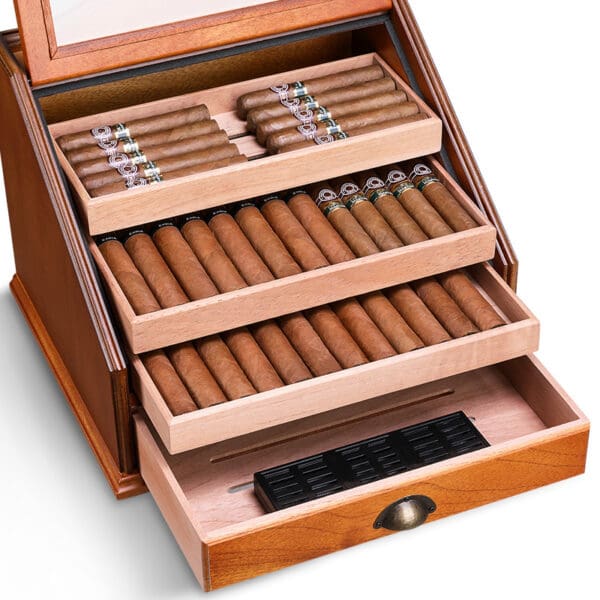 CH012-03 Open wooden cigar humidor with multiple drawers filled with neatly arranged cigars inside the compartments, ready for storage and aging.