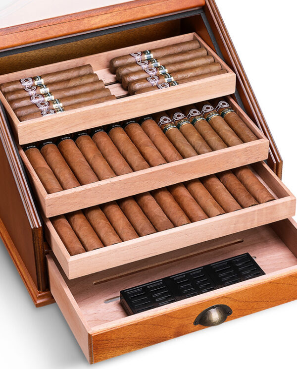 CH012-03 Open wooden cigar humidor with multiple drawers filled with neatly arranged cigars inside the compartments, ready for storage and aging.