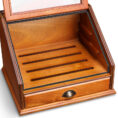 Open wooden jewelry display case with four grooves for rings and a bottom drawer.