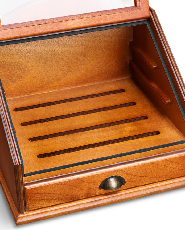 CH012-04 Open wooden jewelry display case with four grooves for rings and a bottom drawer.