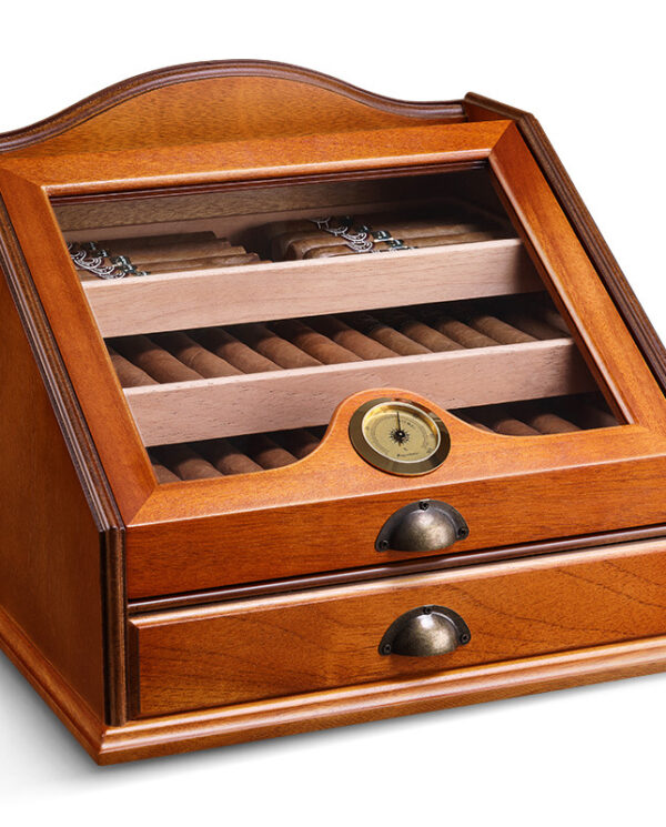CH012 Wooden humidor with cigars and a round hygrometer on the front panel.
