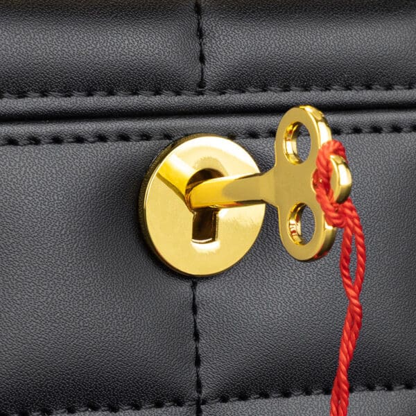 CH014-03 Gold-colored key hooked to a latch on a black leather bag with a red string attached for security.