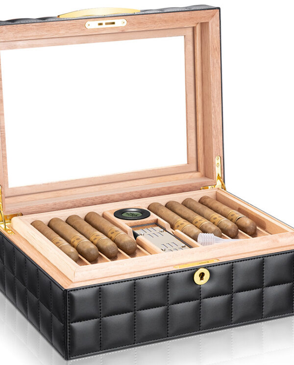CH014-04 Open wooden humidor with black quilted exterior, cigars neatly arranged and a humidity gauge visible inside the lid.