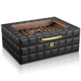 Black quilted leather cigar humidor with a glass lid, showing cigars inside and a gold plaque reading CIGARLOONG on the front edge with a keyhole below it.