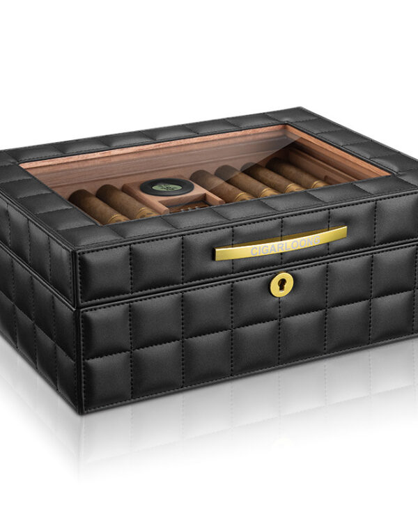CH014-05 Black quilted leather cigar humidor with a glass lid, showing cigars inside and a gold plaque reading CIGARLOONG on the front edge with a keyhole below it.