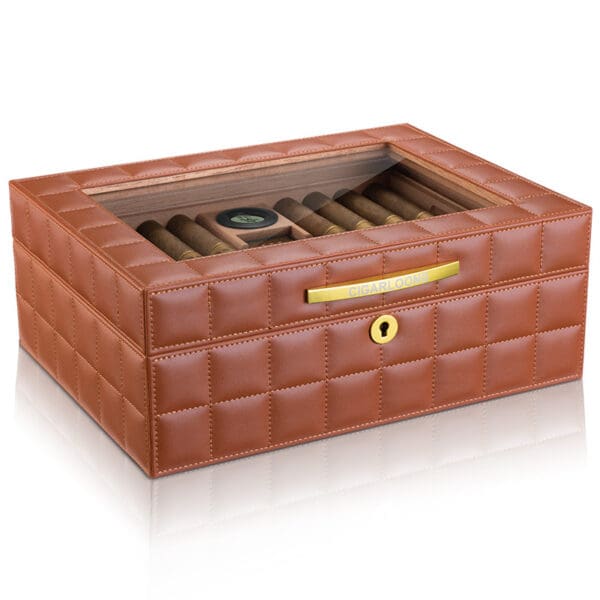 CH014-06 Brown leather square cigar humidor with a glass lid showing cigars inside and a gold latch label.