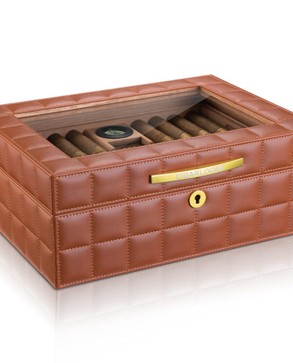 CH014-06 Brown leather square cigar humidor with a glass lid showing cigars inside and a gold latch label.